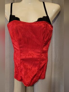 Frederick's of Hollywood Red Satin Bustier with Black Lace Trim